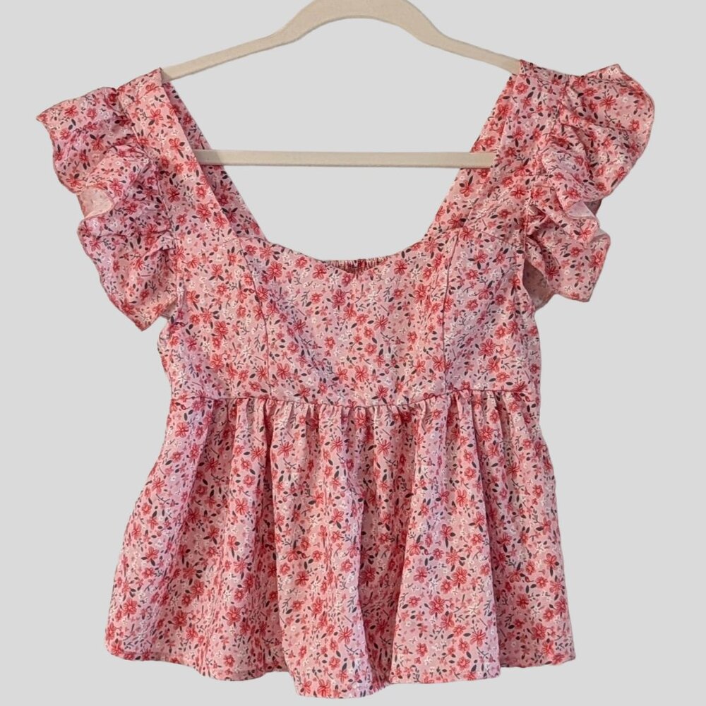 Shein Pink Floral Babydoll Top XS Ruffle Sleeve Cottagecore